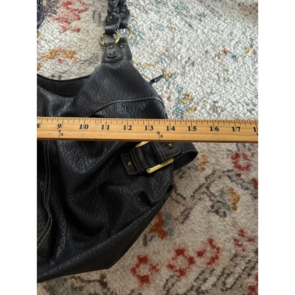 Black Faux Leather Hobo Bag Braided Straps Gold Buckle Slouchy Shoulder Purse